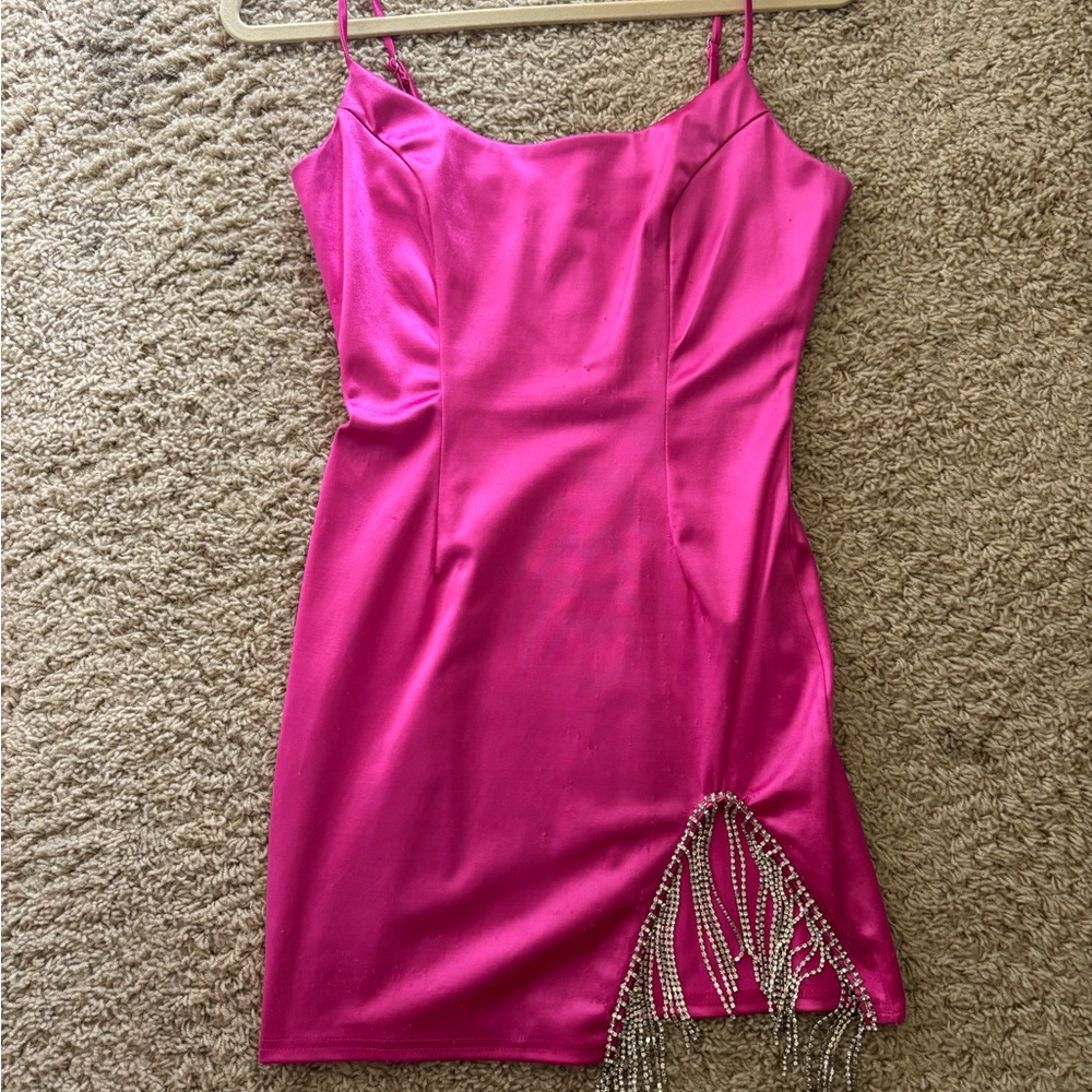 Pink silky dress with rhinestone slit